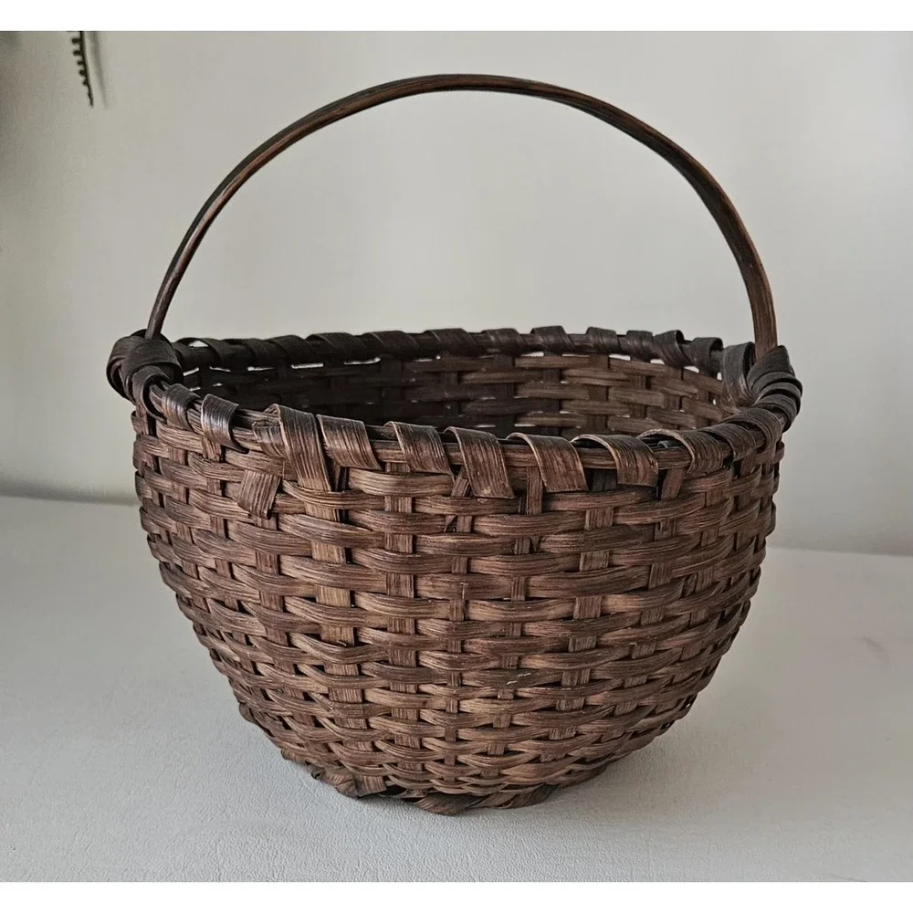 Antique Primitive Woven Split Oak Handle Gathering Basket  SMALL 9